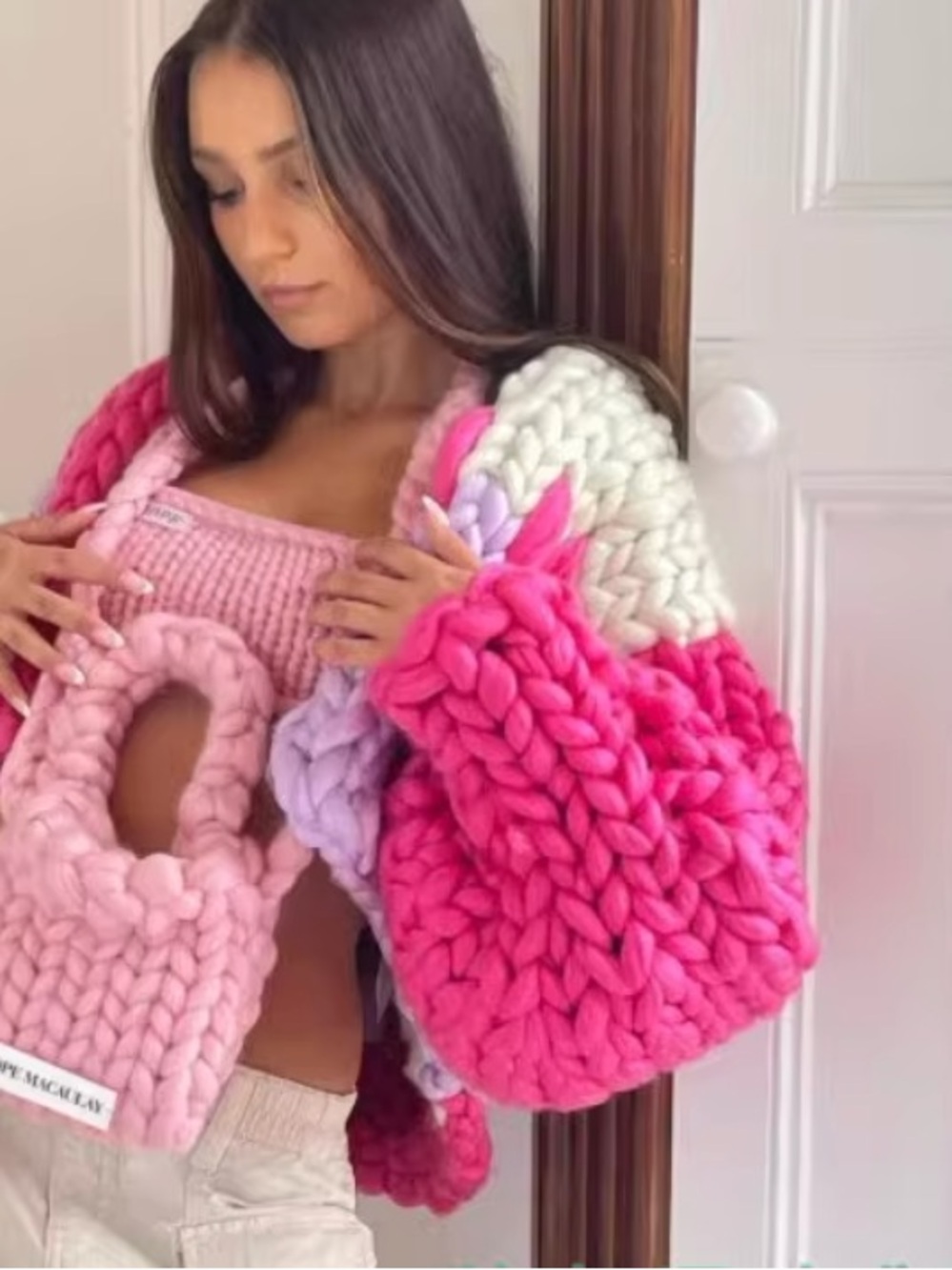 Chunky Hand-Knit Oversized Cardigan - Pink & Cream & Purple size S